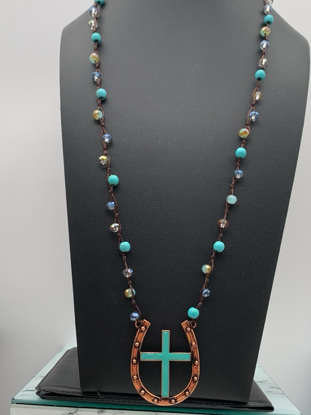 Copper tone horseshoe Turquoise enamel Cross Pendant cord knotted bead Necklace